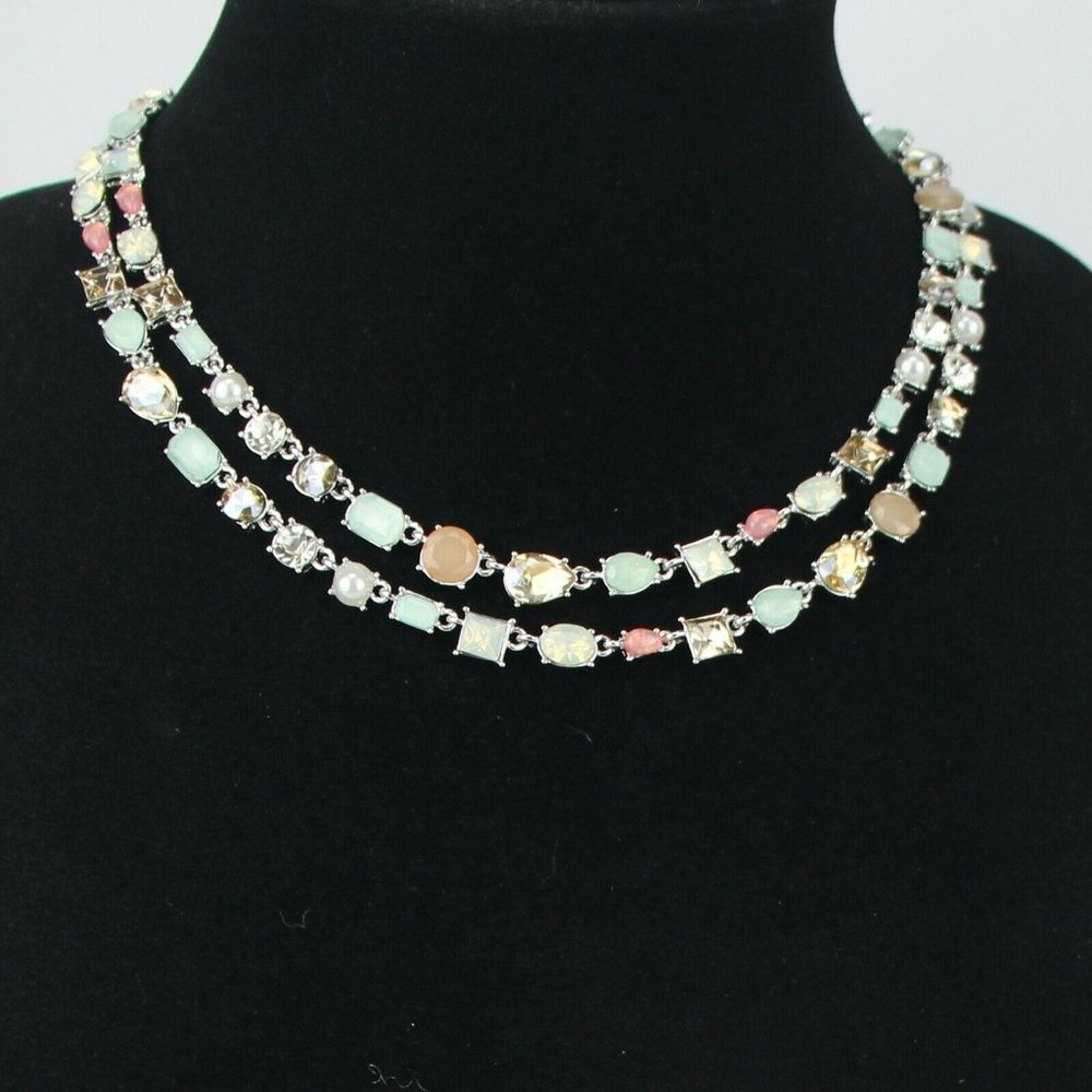 Kohl's Metal Choker Necklace Silver-tone Double Multi-Color Opal Rhinestones